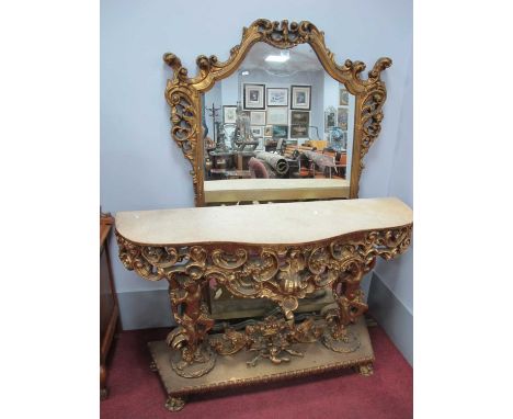XVIII Century Style French Rococo Gilt Console Table and Mirror, mirror with a shaped top, C scroll decoration, base with C s