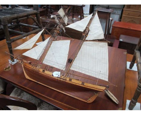 Hand Built Scale Model of a Two Masted Gun Ship at Full Sail, 64cm high, 86cm long (no base).