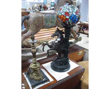 Resin Equestrian Table Lamp with tiffany style light shade, another with dolphin supports.
