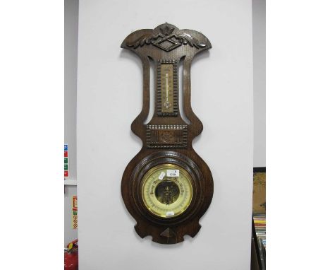 1920's Oak Anaroid Barometer, with temperature gauge, enamel dial, 75cm