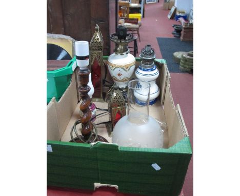 Oil lamps with glass chimneys, Barley twist oak lamp, etc:- One Box