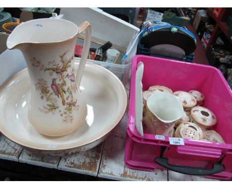 Crown Ducal Blush Ivory Wash Bowl and Jug, (cracked), trinket set, similar Devon ware.