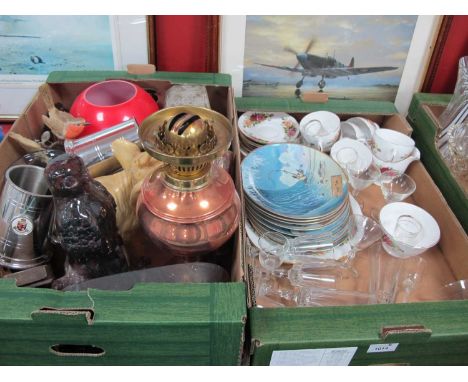 Brass Stationary Box, copper oil lamp, Gary Patterson The Art Fishing Plates, etc:- Two Boxes
