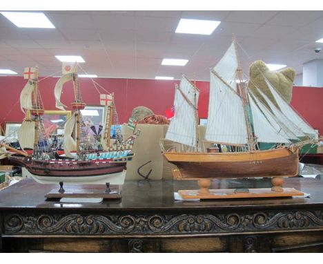 Hand Built Scale Model of Clara May Two Masted Vessel, at full sail 54cm high, 58cm long, including stand, another of Golden 