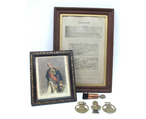 Oak Framed Copy of Lord Nelson's Birth Certificate, gilt and black vintage framed print of Lord Nelson, HMS Victory brush, Ne
