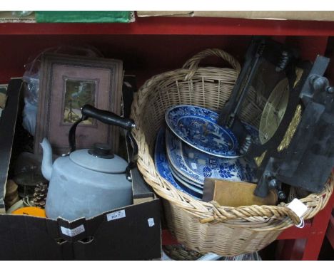 Blue &amp; White Meat Plates, Hero wall clock, postcards in album, Agaluxe kettle, etc, basket and box