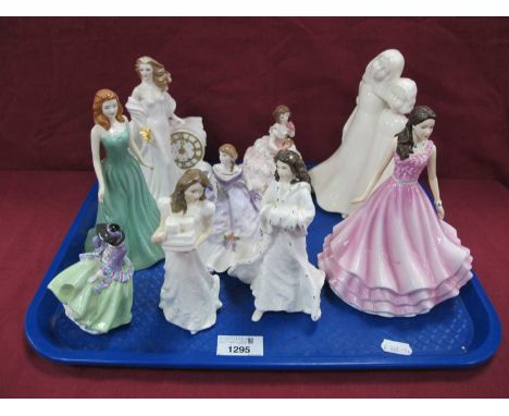 Royal Doulton Figurines (x 5), the tallest 'Love and Laughter' 17cm, for by Worcester (9):- One Tray.