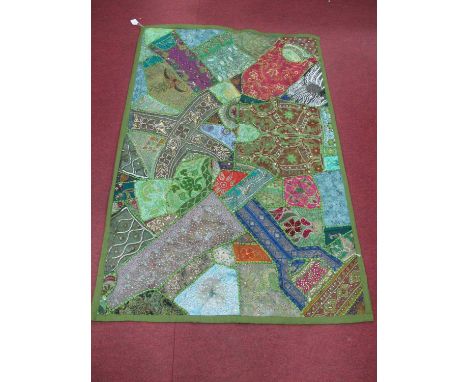 Indian Patch Work Wall Hanging, with sequins and beadwork floral decoration, 103cm x 150cm.