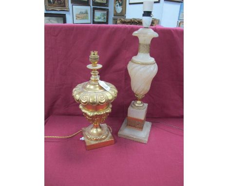 Gilt Metal Table Lamp, as a campagna urn with acanthus leaf decoration. Alabaster table lamp with Wrythen body.