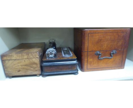 A 19thC mahogany two section caddy&nbsp; 6"h&nbsp; 13"w; a contemporary French tantalus of box design&nbsp; 11"h&nbsp; 10"w; 