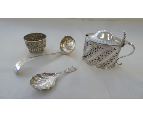 Late 18th and 19thC silver ware, viz. an oval pierced mustard pot; a sifter spoon with an oval bowl; a cauldron shape salt ce