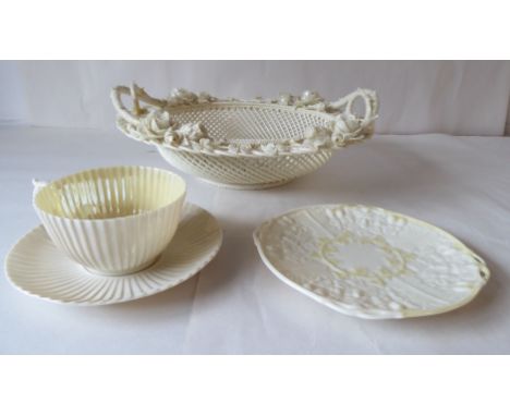 Belleek porcelain creamware: to include a pierced and floral decorated basket&nbsp; 10.5"dia; a cup and two saucers 