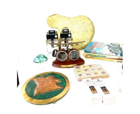 Selection of miscellaneous to include paperweights, perfume, desk clock, artist paint palette etc 