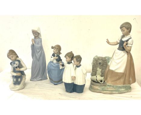 Selection of 5 Nao figures to include girl with dog, girl with teddy, girl praying, boys choir singing, , all in good overall