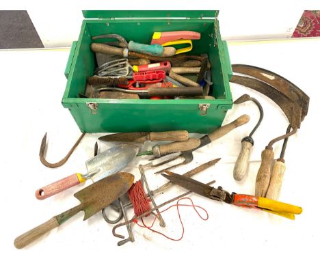 Wooden tool box with gardening tools includes hand folk, hand shovel etc 