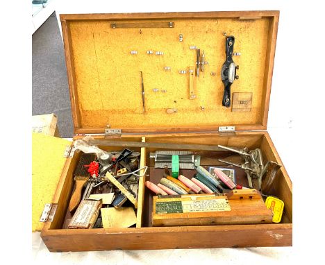 Woodworkers tool box with contents, to include chisels etc. measures 30"x6.5"x70" 