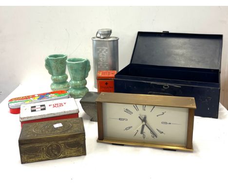 Selection of vintage tins, vintage Metamec mantel clock, pair vases 