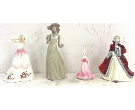 Selection of named pottery lady figurines to include Nao, Royal Doulton Claire HN3209, Royal Doulton Rachel HN2936, Coalpoty 