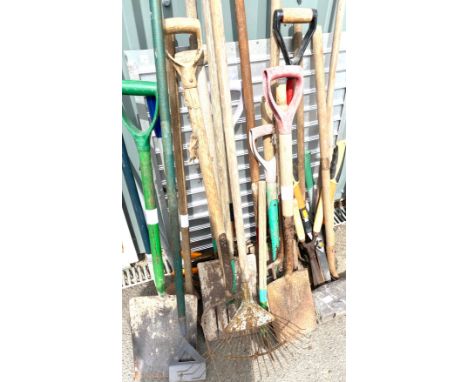 Large selection of garden tools to include rakes, forks, spades etc 