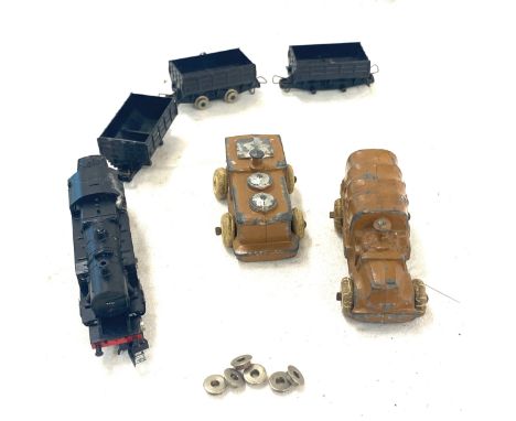Selection vintage metal diecast trains, cars etc to include US army trucks 