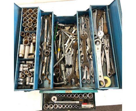 Metal tool box and tools includes socket set, spanners etc 