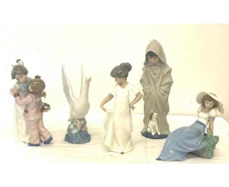 Selection of 5 Nao figures to include boy with dog, girls present sharing, lady sat on rocks, swan etc, all in good overall c