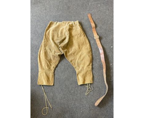 Pair ladies Breeches cordoroy land army size 5 trousers, J B Hoyle and Co 1943 together with ladies leather military belt 194