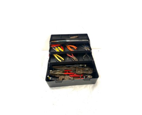 Plastic red and black tool box with contents 