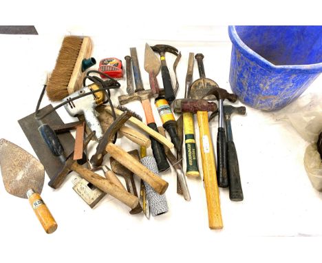 Large selection of building tools, to include hammers, bolsters, chisels etc. 