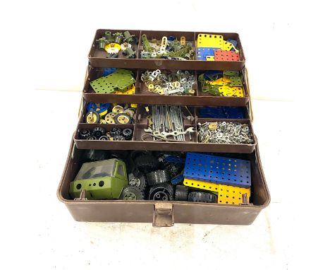 Selection vintage Meccano parts within plastic toolbox 