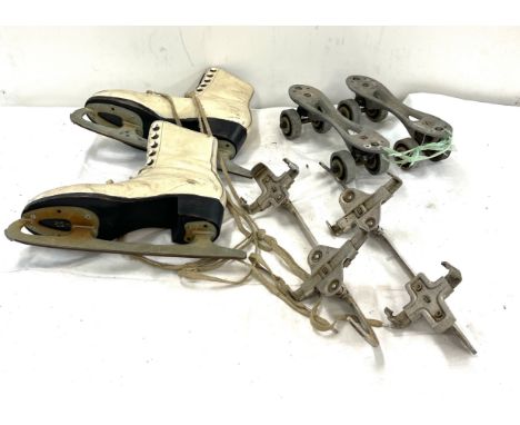 Pair vintage roller skates, ice skates and spare blades 