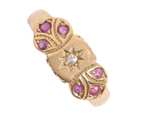 An Edwardian ruby and diamond ring, gypsy set in 18ct gold, Birmingham 1905, 2.5g, size K Light wear