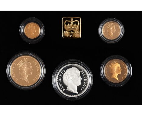 Gold coins. Proof £5 - half sovereign four coin set and silver Pistrucci commemorative medal five 'coin' set, cased 