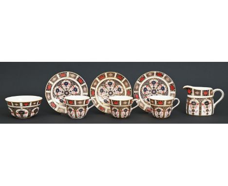 A set of three Royal Crown Derby Imari pattern teacups and saucers, a cream jug and sugar bowl, late 20th c, jug 96mm h, prin