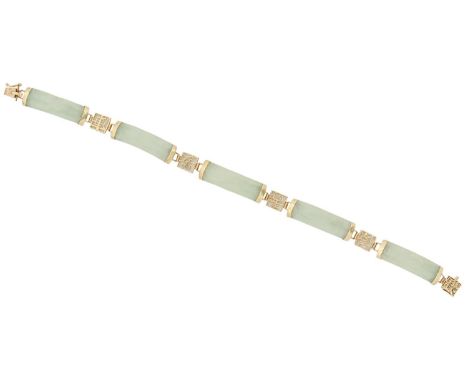 A Chinese jade and gold bracelet, 18.5cm l, marked 9k, 10.3g Good condition