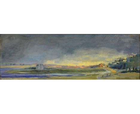 Kathleen Crow ROI (1920-2020) - Sunset Rutland Water, oil on board, 16 x 49.5cm Requires a light clean