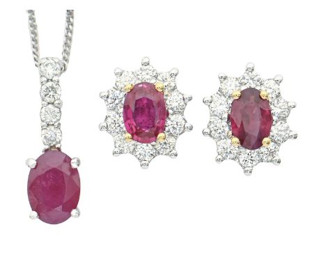 A pair of ruby and diamond cluster earrings, in white gold, 10mm, marked 750 and a similar ruby and diamond pendant, in 9ct w