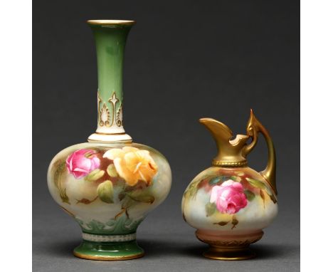 A Royal Worcester ewer and vase, 1908 and 1910, painted with Hadley Roses, 9 and 15cm h, green printed mark Good condition
