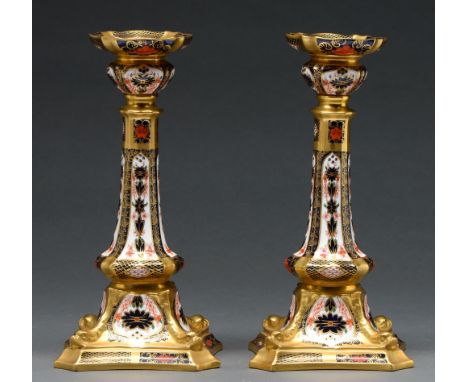 A pair of Royal Crown Derby Imari pattern dolphin candlesticks, late 20th century, 26.5cm highAlthough not marked as seconds 