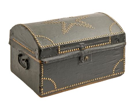 A brass studded black leather covered wood travelling trunk, 19th c, in the original spotted lining paper, iron hasp and carr