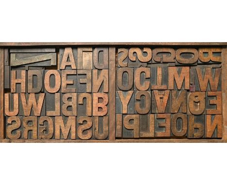 British Letterpress Printing. A case of wood type, (woodletter) first half 20th c,&nbsp;including 'A' with manufacturer's sta