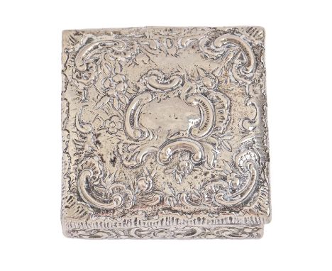 A Continental silver embossed square pill box, late 19th c, 49 x 49mm, indistinctly marked, 1oz 13dwts Light wear