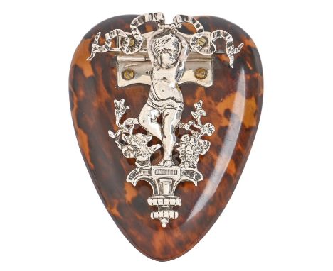 A Victorian heart shaped silver mounted tortoiseshell child figural desk clip, 11.5cm l, by Henry Wilkinson &amp; Co, London 