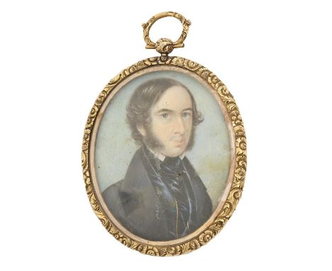 James Beech (Fl. 1830-1839) - Portrait Miniature of a Gentleman, with black hair, in dark blue waistcoat with gold chain and 