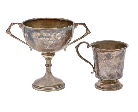 An Elizabeth II silver christening mug, 75mm h, by Bishton's Ltd, Birmingham 1961 and a silver trophy cup, London 1931, 5ozs 