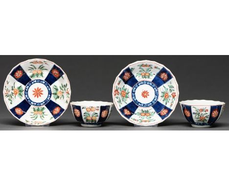 Two Worcester fluted tea bowls and saucers, c1770, decorated in the Queen's pattern, saucers 11.5-12cm diam, painted fretted 