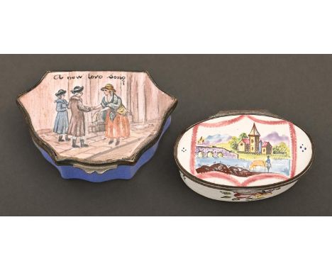 Two French oval and cartouche shaped enamel bonbonnieres, late 19th c, with a scene of three figures and inscribed A New Love
