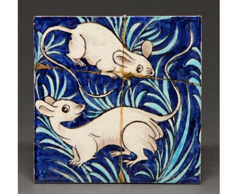 A William de Morgan 'Mice and Foliage' 6” tile, early Fulham period 1888-1897, impressed mark Broken and re-stuck