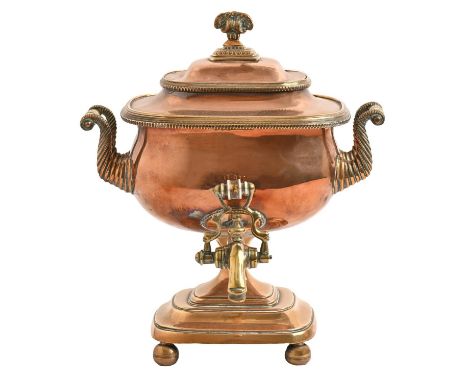 A Regency copper and brass tea urn and cover,&nbsp;of oblong form with turned ivory handles, 20cm h, originally plated and fo