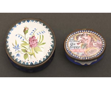 A French oval enamel box, late 19th c, the lid painted with a bird and inscribed Esteem the Giver, 37mm l and a round enamel 